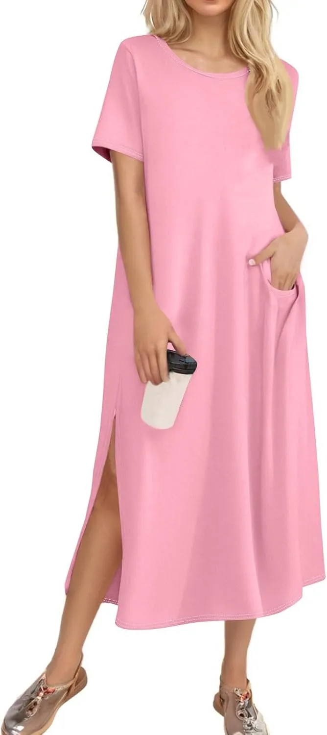 Tshirt Dress Women with Pockets Short Sleeve Side Slit Summer Midi Dresses Scoop Neck Beach Vacation Dresses