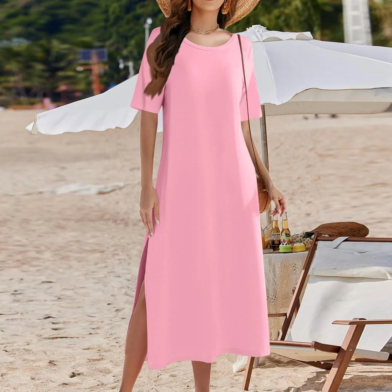 Tshirt Dress Women with Pockets Short Sleeve Side Slit Summer Midi Dresses Scoop Neck Beach Vacation Dresses