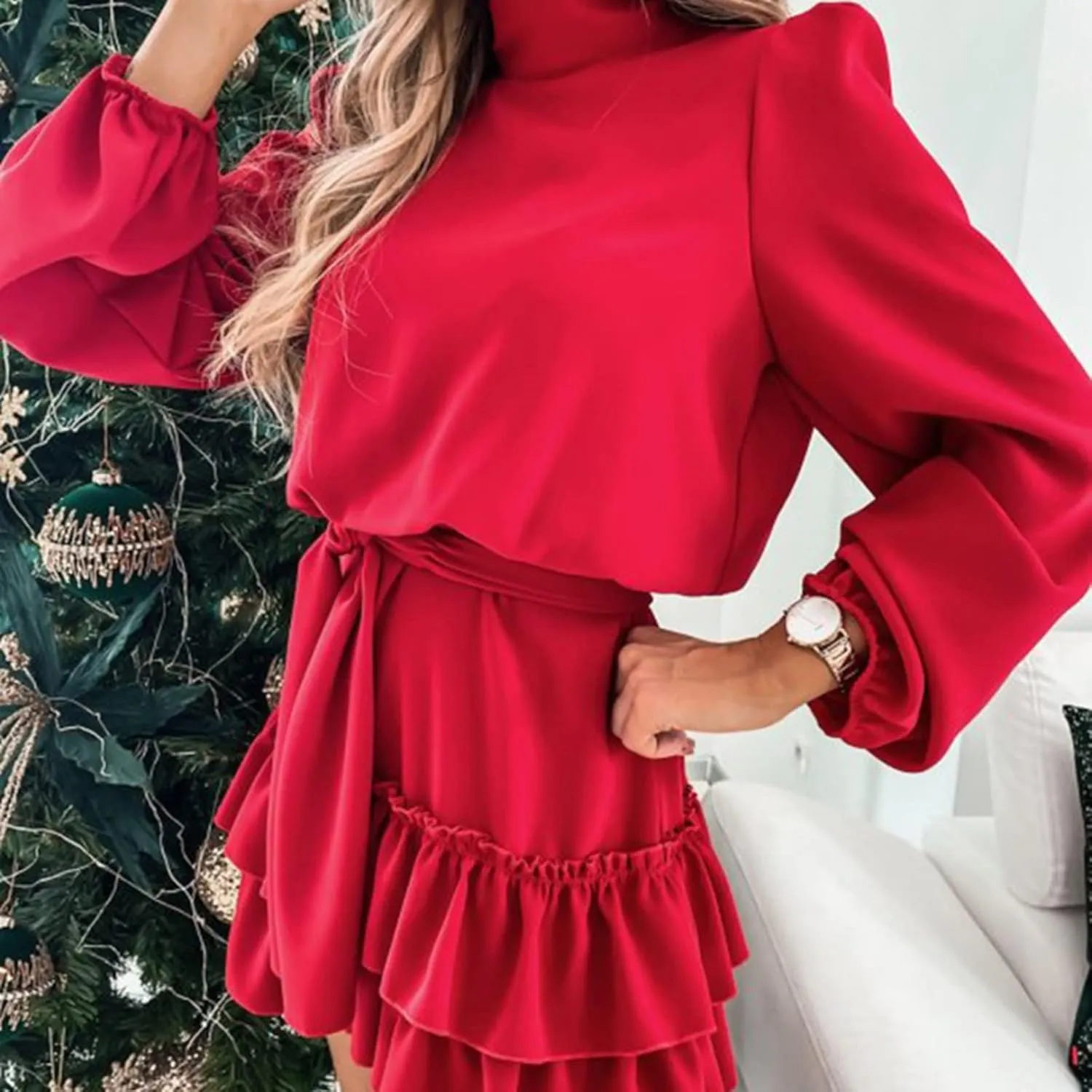 tuduoms Womens Spring Ruffle Mini Dress Casual Long Puff Sleeve Waist Tie Layered Ruffle Hem Swing Party Wedding Guest Dress