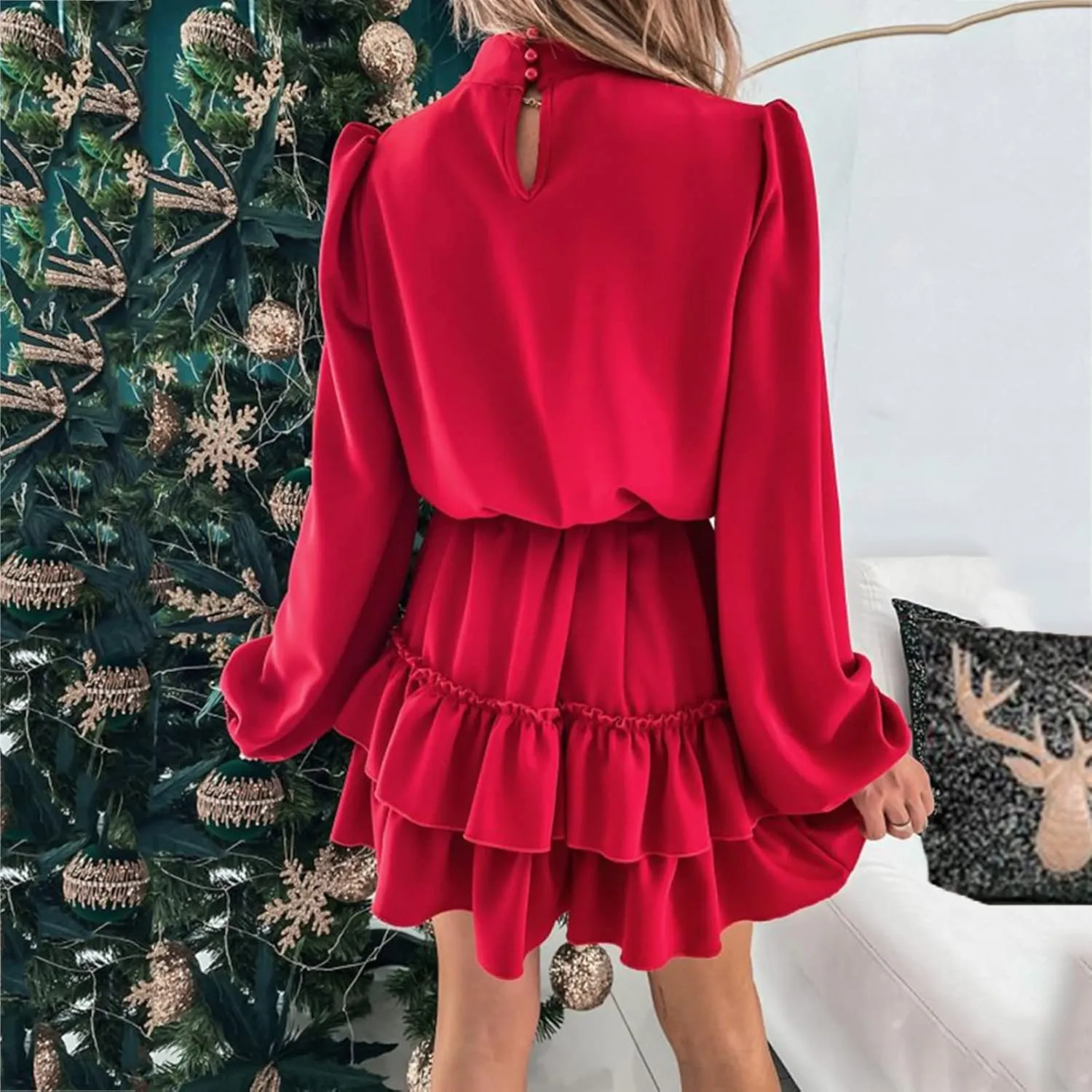 tuduoms Womens Spring Ruffle Mini Dress Casual Long Puff Sleeve Waist Tie Layered Ruffle Hem Swing Party Wedding Guest Dress