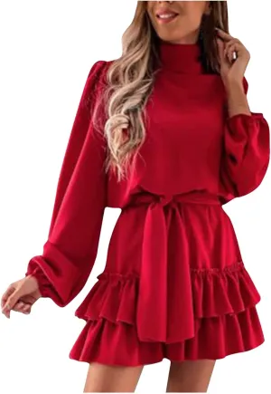 tuduoms Womens Spring Ruffle Mini Dress Casual Long Puff Sleeve Waist Tie Layered Ruffle Hem Swing Party Wedding Guest Dress