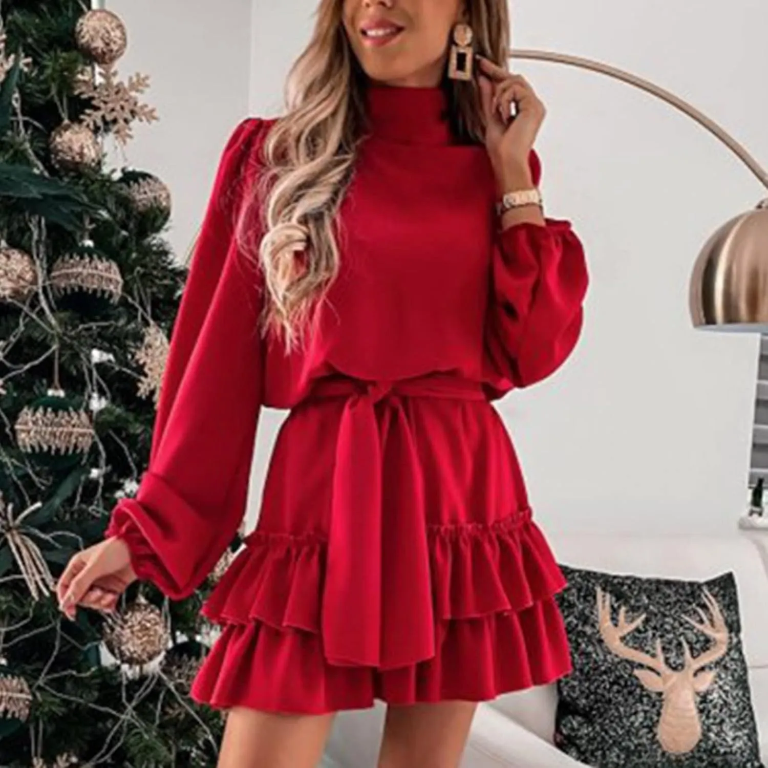 tuduoms Womens Spring Ruffle Mini Dress Casual Long Puff Sleeve Waist Tie Layered Ruffle Hem Swing Party Wedding Guest Dress