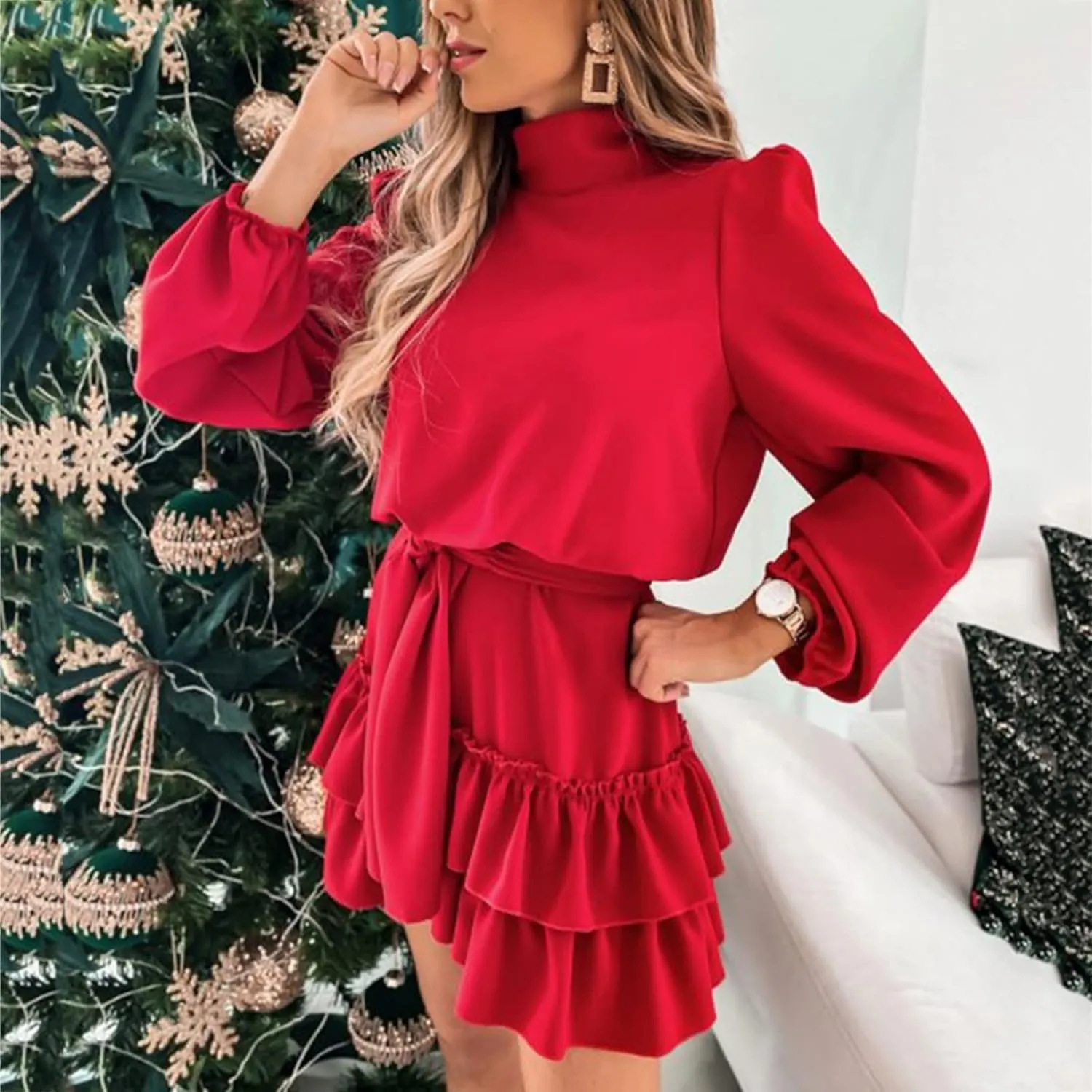 tuduoms Womens Spring Ruffle Mini Dress Casual Long Puff Sleeve Waist Tie Layered Ruffle Hem Swing Party Wedding Guest Dress