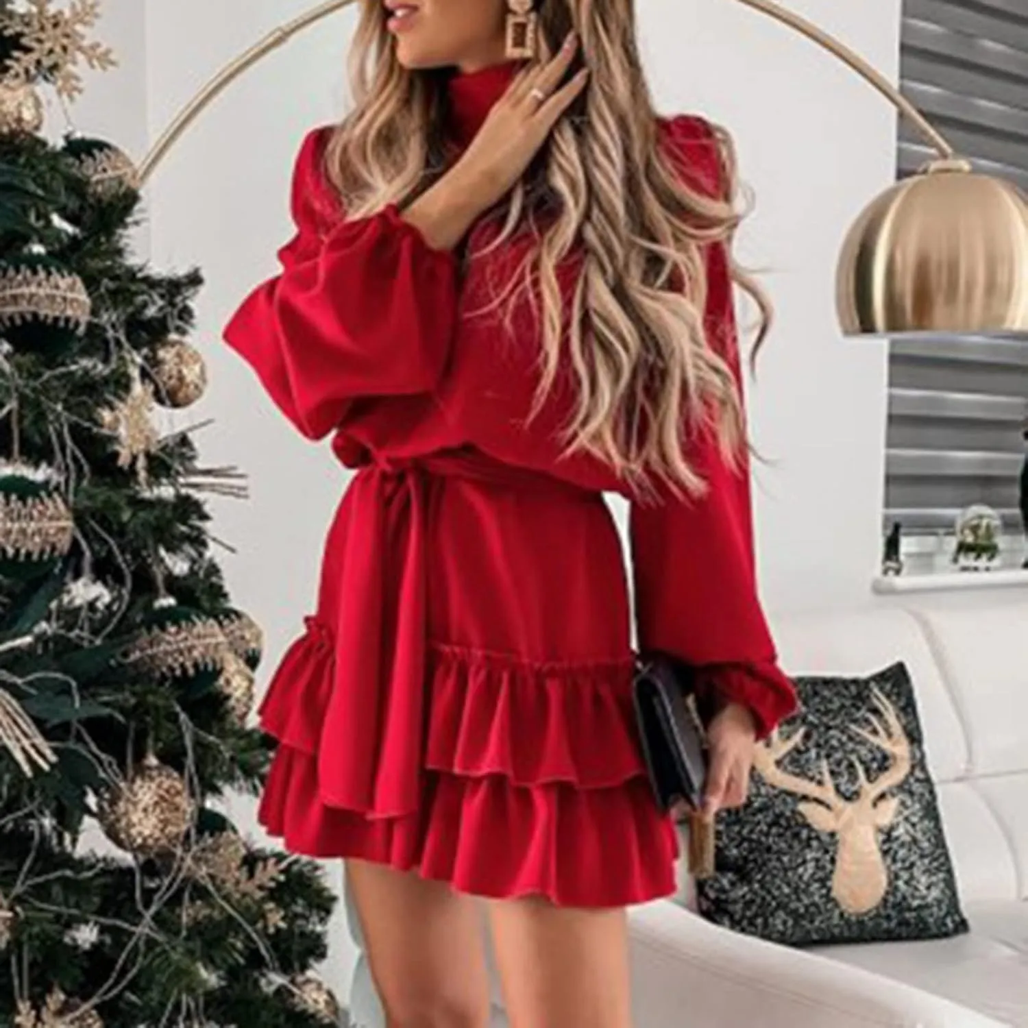 tuduoms Womens Spring Ruffle Mini Dress Casual Long Puff Sleeve Waist Tie Layered Ruffle Hem Swing Party Wedding Guest Dress