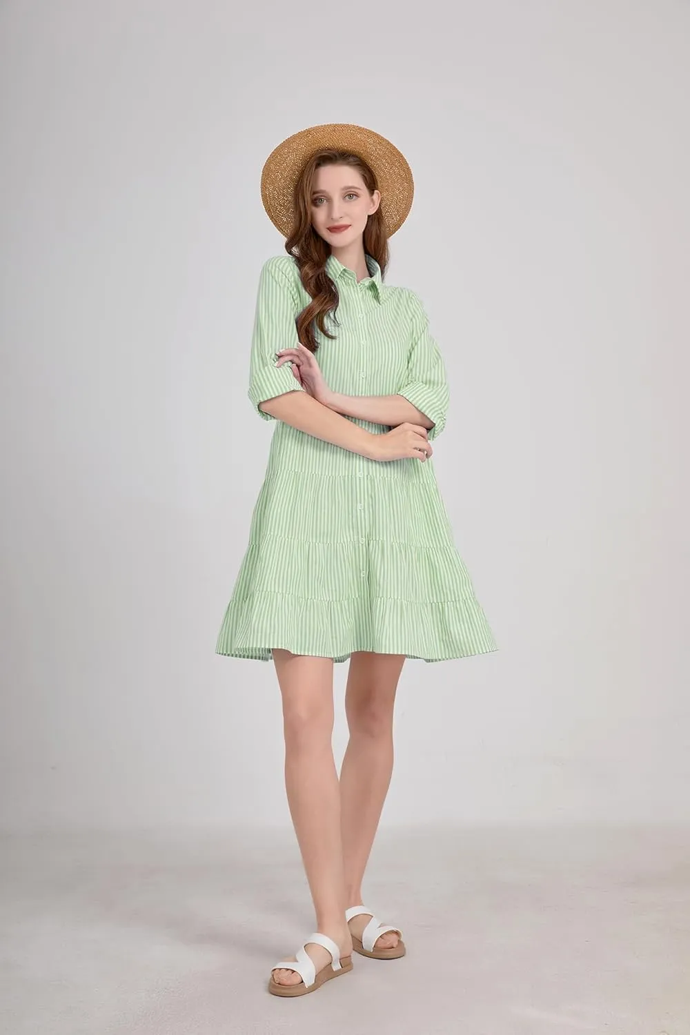 utcoco Womens Striped Button Down Midi Shirt Dress Casual Loose Cuffed Long Sleeve Mid Long Dresses