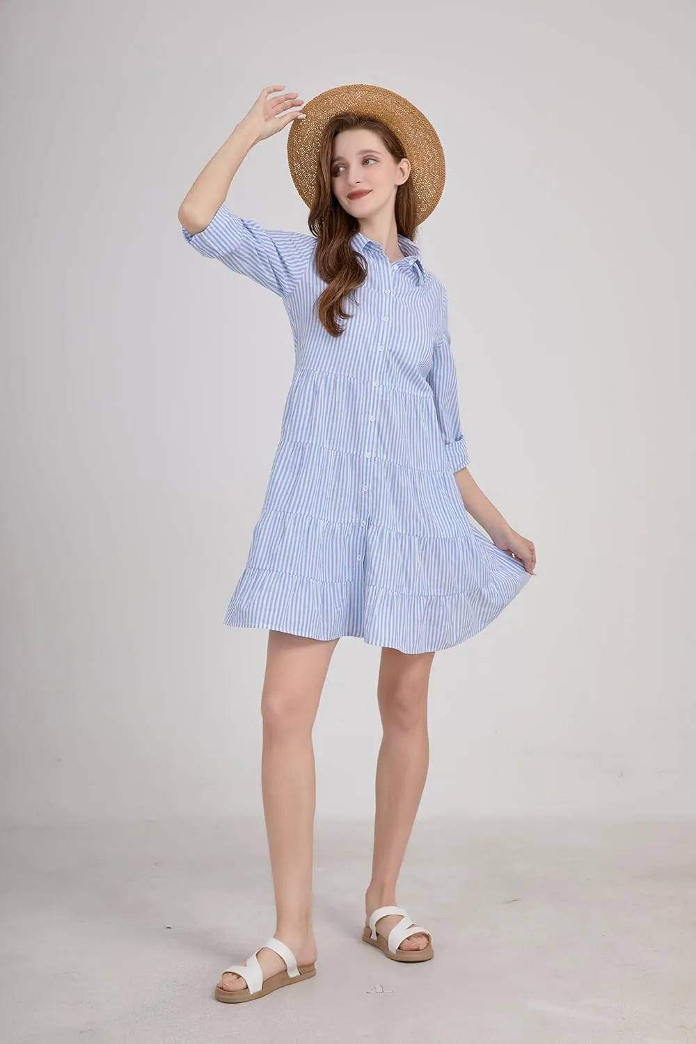 utcoco Womens Striped Button Down Midi Shirt Dress Casual Loose Cuffed Long Sleeve Mid Long Dresses