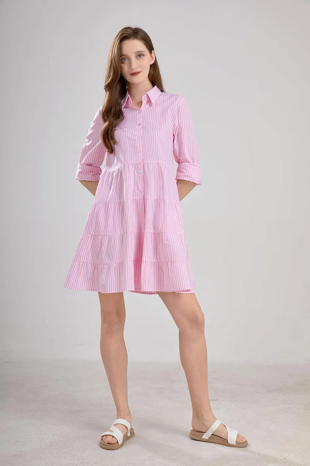 utcoco Womens Striped Button Down Midi Shirt Dress Casual Loose Cuffed Long Sleeve Mid Long Dresses