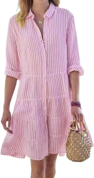 utcoco Womens Striped Button Down Midi Shirt Dress Casual Loose Cuffed Long Sleeve Mid Long Dresses