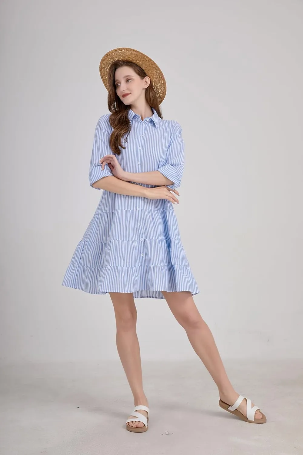 utcoco Womens Striped Button Down Midi Shirt Dress Casual Loose Cuffed Long Sleeve Mid Long Dresses