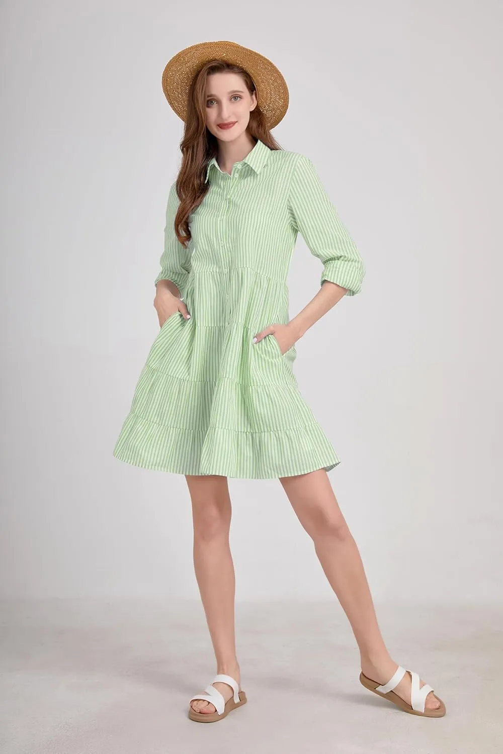 utcoco Womens Striped Button Down Midi Shirt Dress Casual Loose Cuffed Long Sleeve Mid Long Dresses
