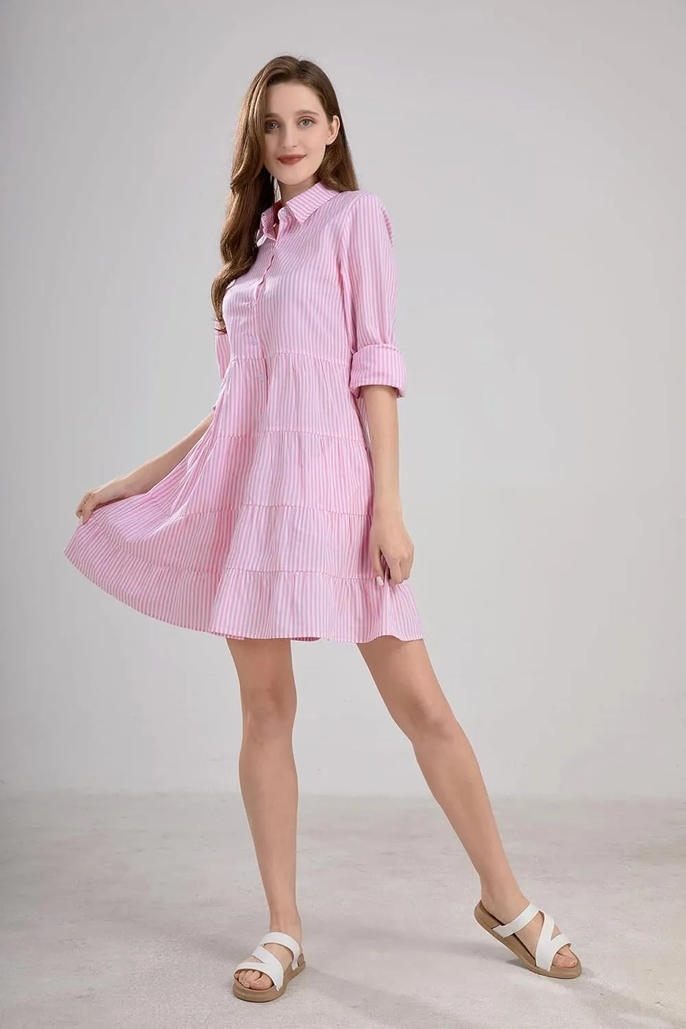 utcoco Womens Striped Button Down Midi Shirt Dress Casual Loose Cuffed Long Sleeve Mid Long Dresses