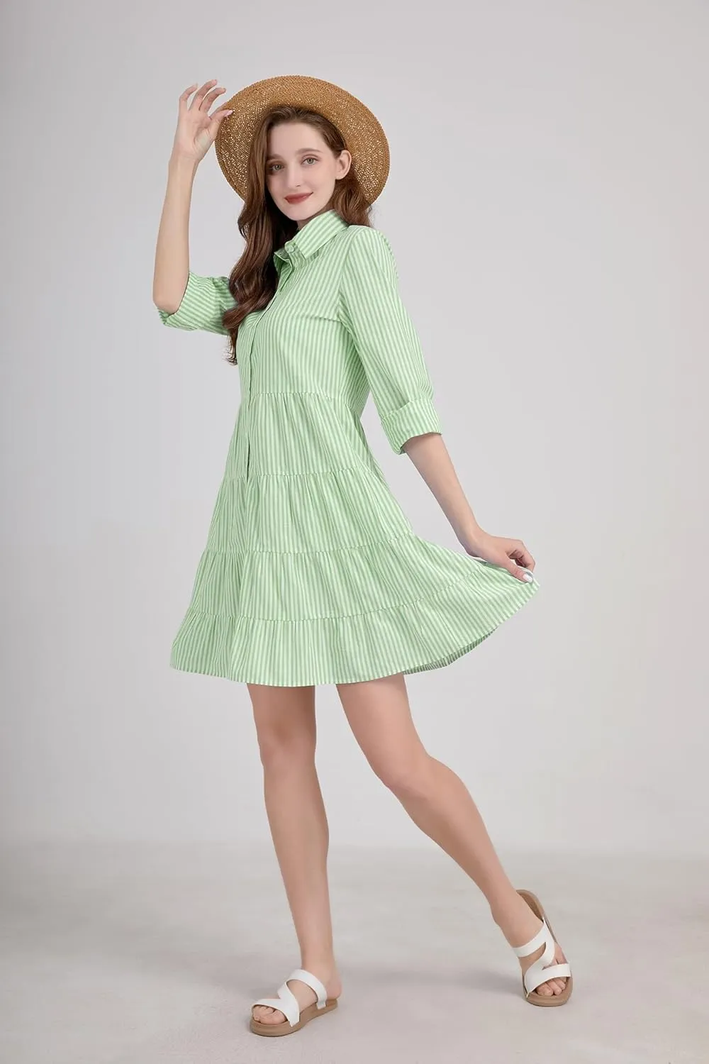utcoco Womens Striped Button Down Midi Shirt Dress Casual Loose Cuffed Long Sleeve Mid Long Dresses