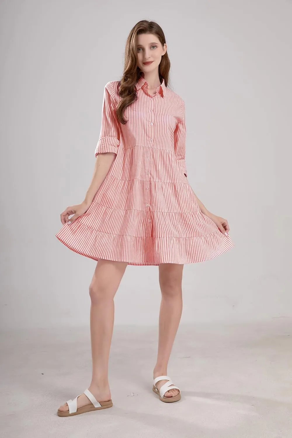 utcoco Womens Striped Button Down Midi Shirt Dress Casual Loose Cuffed Long Sleeve Mid Long Dresses