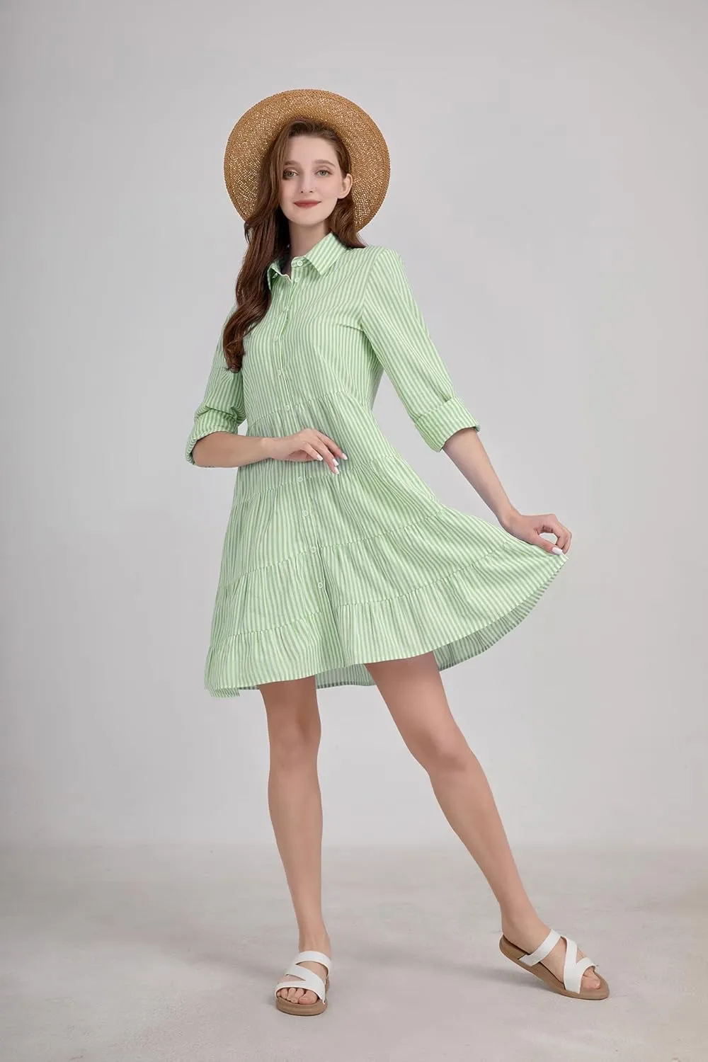 utcoco Womens Striped Button Down Midi Shirt Dress Casual Loose Cuffed Long Sleeve Mid Long Dresses