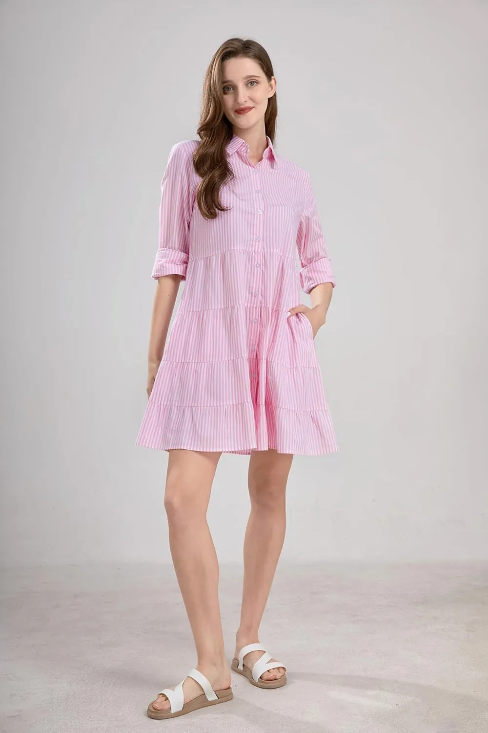 utcoco Womens Striped Button Down Midi Shirt Dress Casual Loose Cuffed Long Sleeve Mid Long Dresses