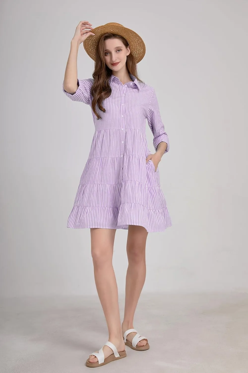 utcoco Womens Striped Button Down Midi Shirt Dress Casual Loose Cuffed Long Sleeve Mid Long Dresses