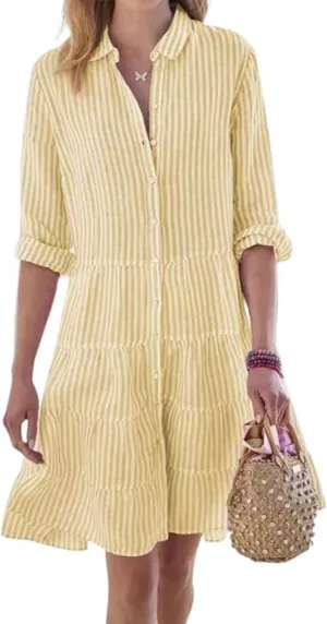 utcoco Womens Striped Button Down Midi Shirt Dress Casual Loose Cuffed Long Sleeve Mid Long Dresses