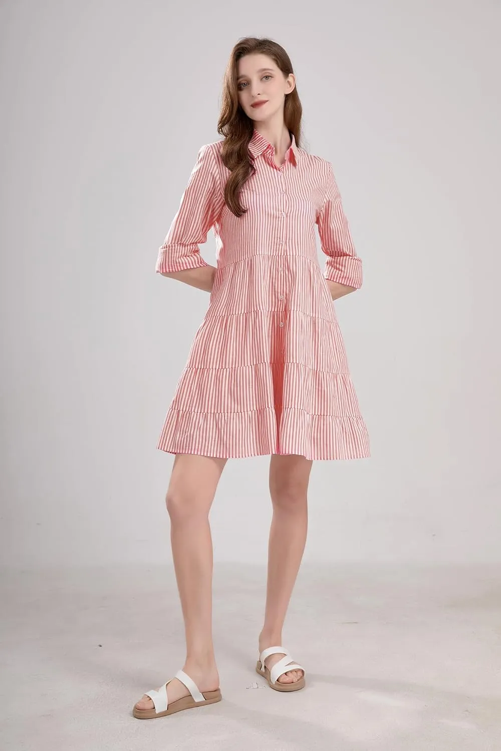 utcoco Womens Striped Button Down Midi Shirt Dress Casual Loose Cuffed Long Sleeve Mid Long Dresses