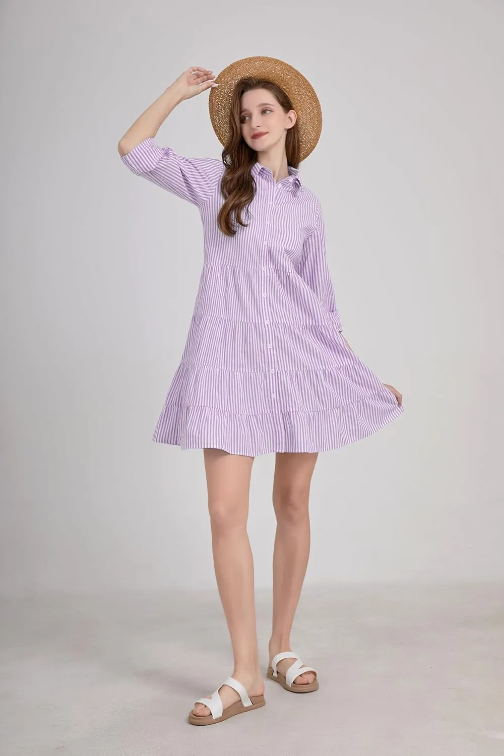 utcoco Womens Striped Button Down Midi Shirt Dress Casual Loose Cuffed Long Sleeve Mid Long Dresses