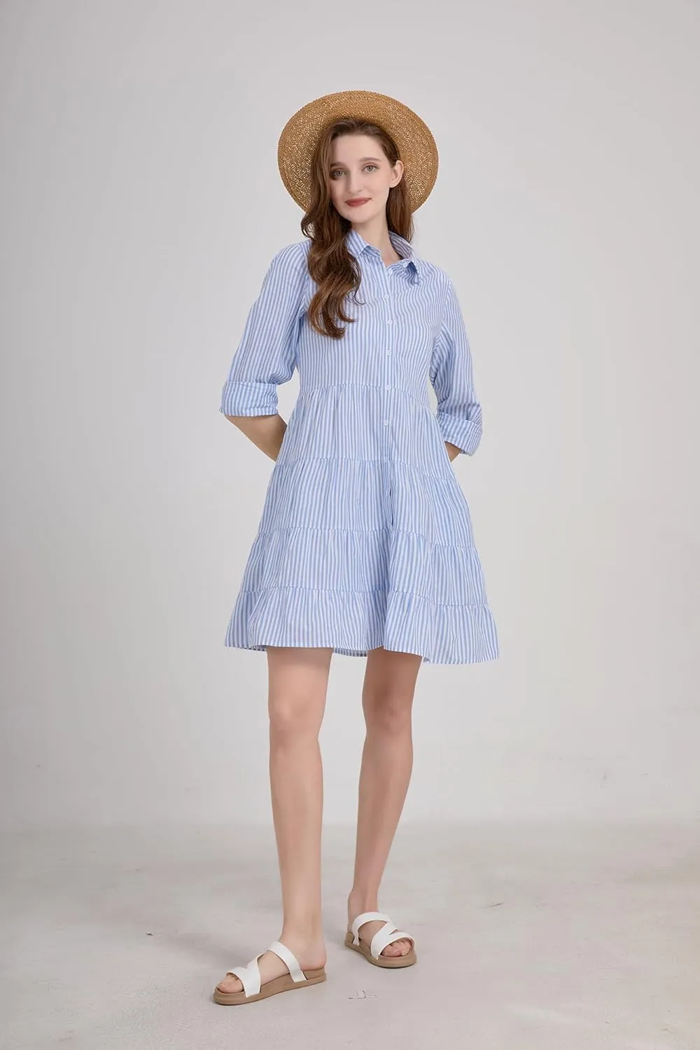 utcoco Womens Striped Button Down Midi Shirt Dress Casual Loose Cuffed Long Sleeve Mid Long Dresses