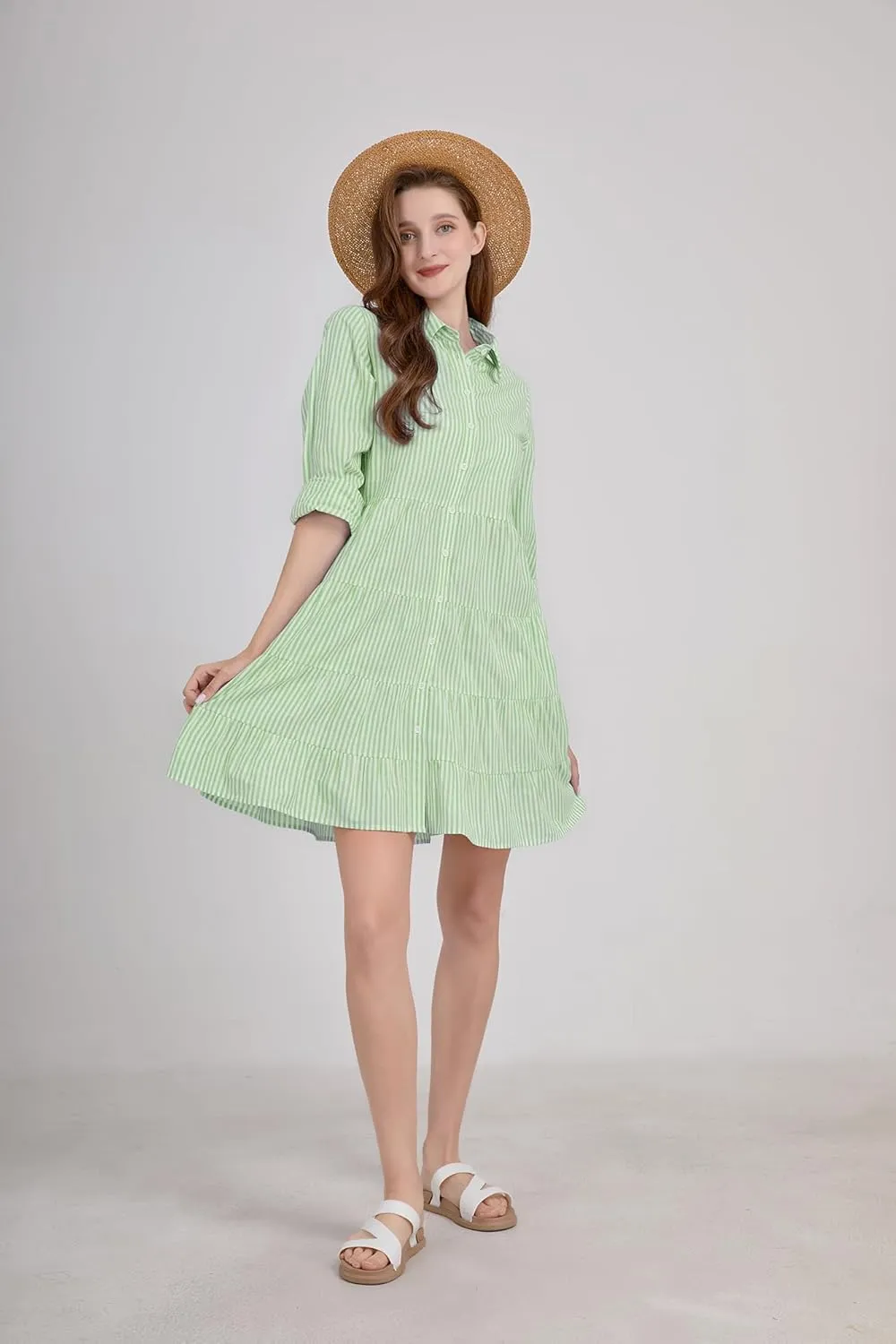 utcoco Womens Striped Button Down Midi Shirt Dress Casual Loose Cuffed Long Sleeve Mid Long Dresses