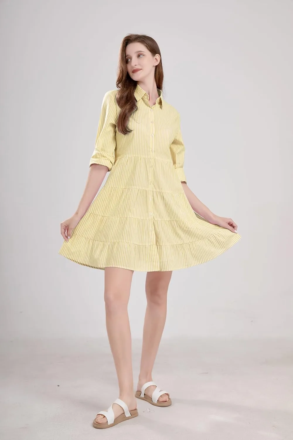 utcoco Womens Striped Button Down Midi Shirt Dress Casual Loose Cuffed Long Sleeve Mid Long Dresses