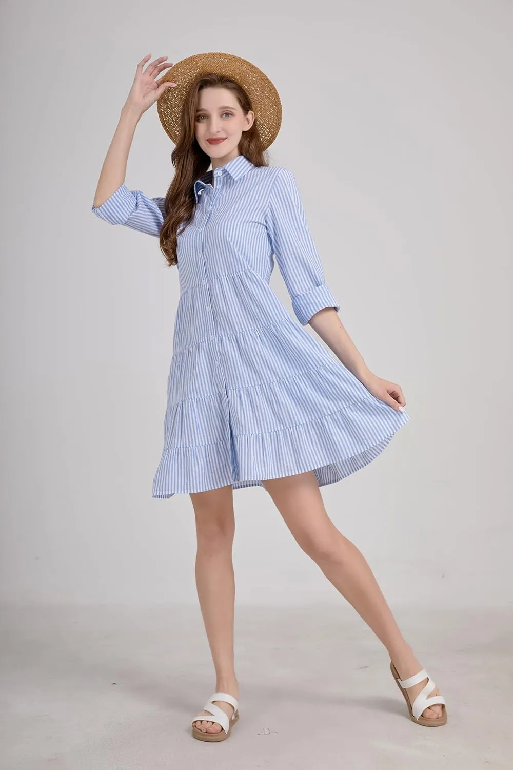 utcoco Womens Striped Button Down Midi Shirt Dress Casual Loose Cuffed Long Sleeve Mid Long Dresses