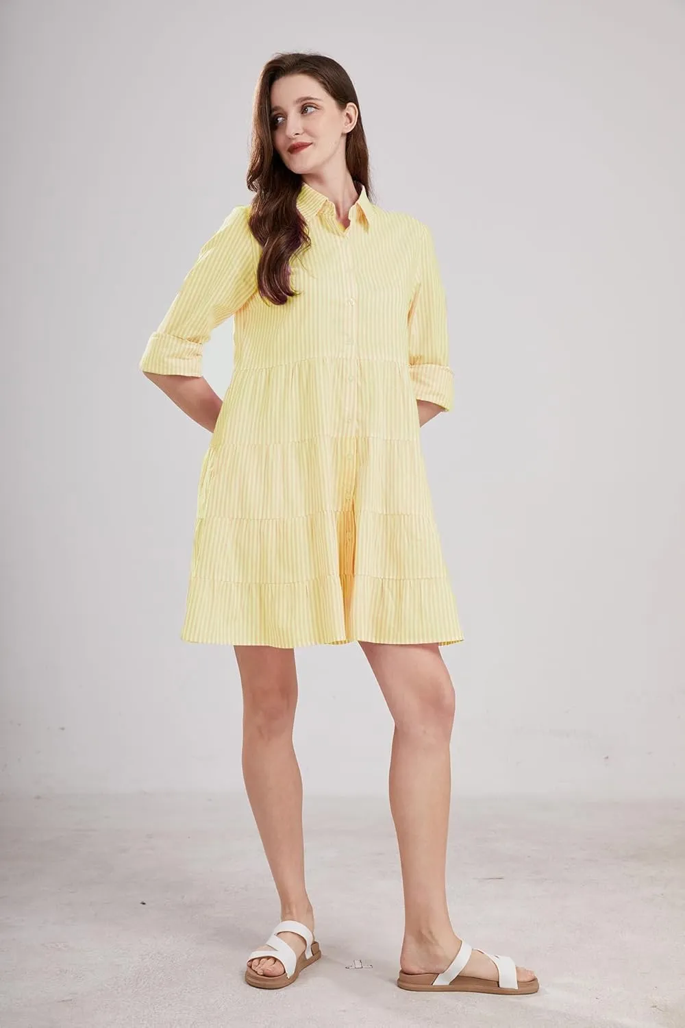 utcoco Womens Striped Button Down Midi Shirt Dress Casual Loose Cuffed Long Sleeve Mid Long Dresses