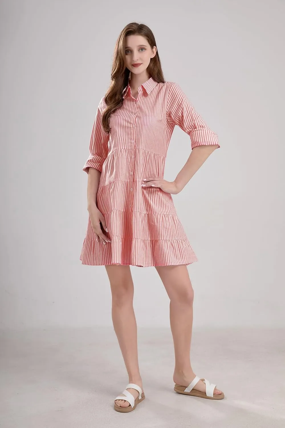 utcoco Womens Striped Button Down Midi Shirt Dress Casual Loose Cuffed Long Sleeve Mid Long Dresses
