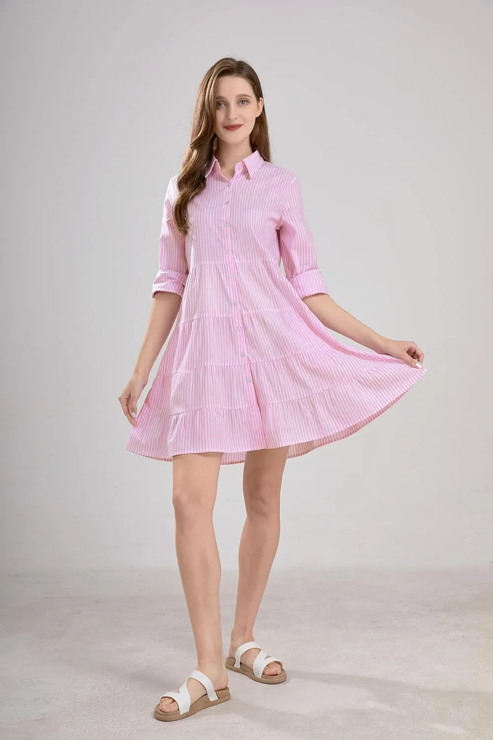 utcoco Womens Striped Button Down Midi Shirt Dress Casual Loose Cuffed Long Sleeve Mid Long Dresses
