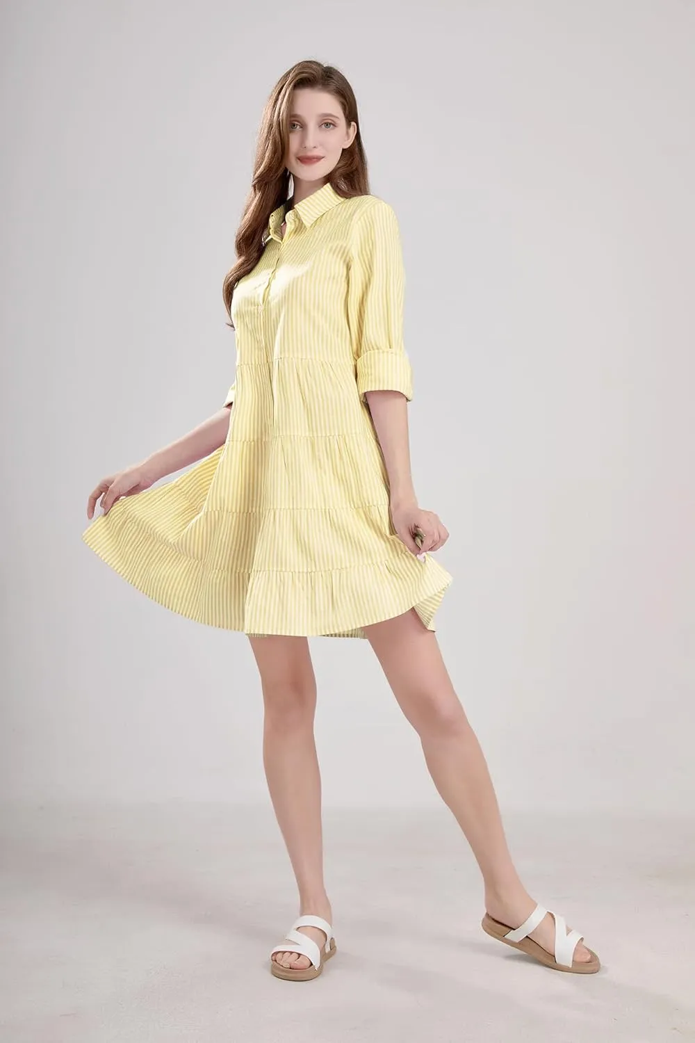 utcoco Womens Striped Button Down Midi Shirt Dress Casual Loose Cuffed Long Sleeve Mid Long Dresses