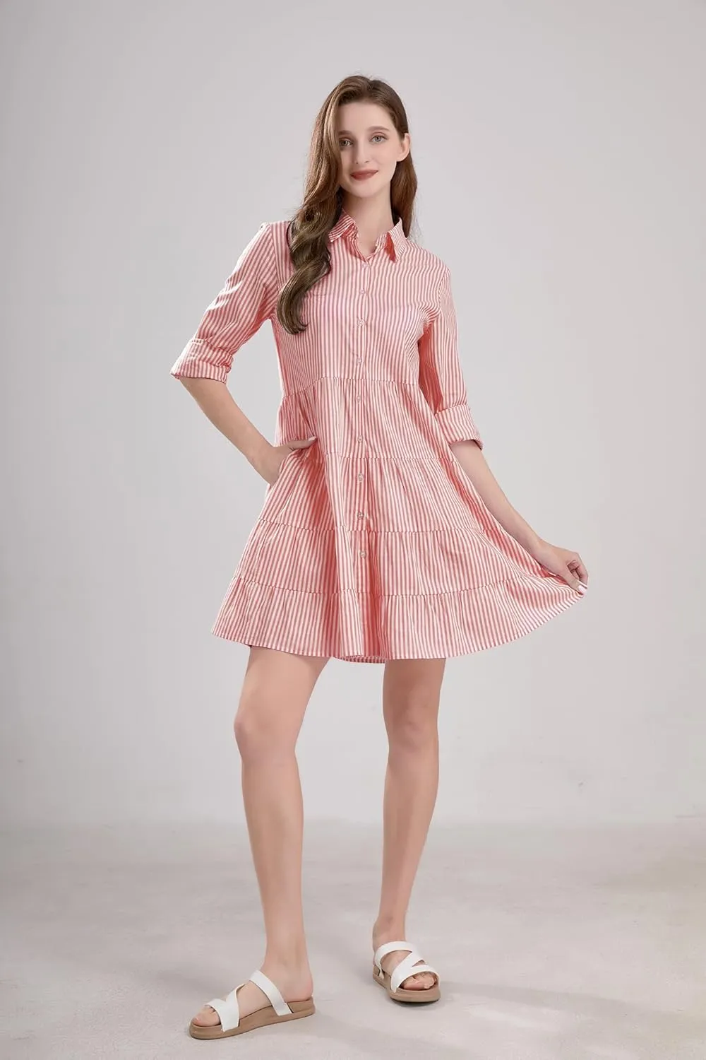 utcoco Womens Striped Button Down Midi Shirt Dress Casual Loose Cuffed Long Sleeve Mid Long Dresses