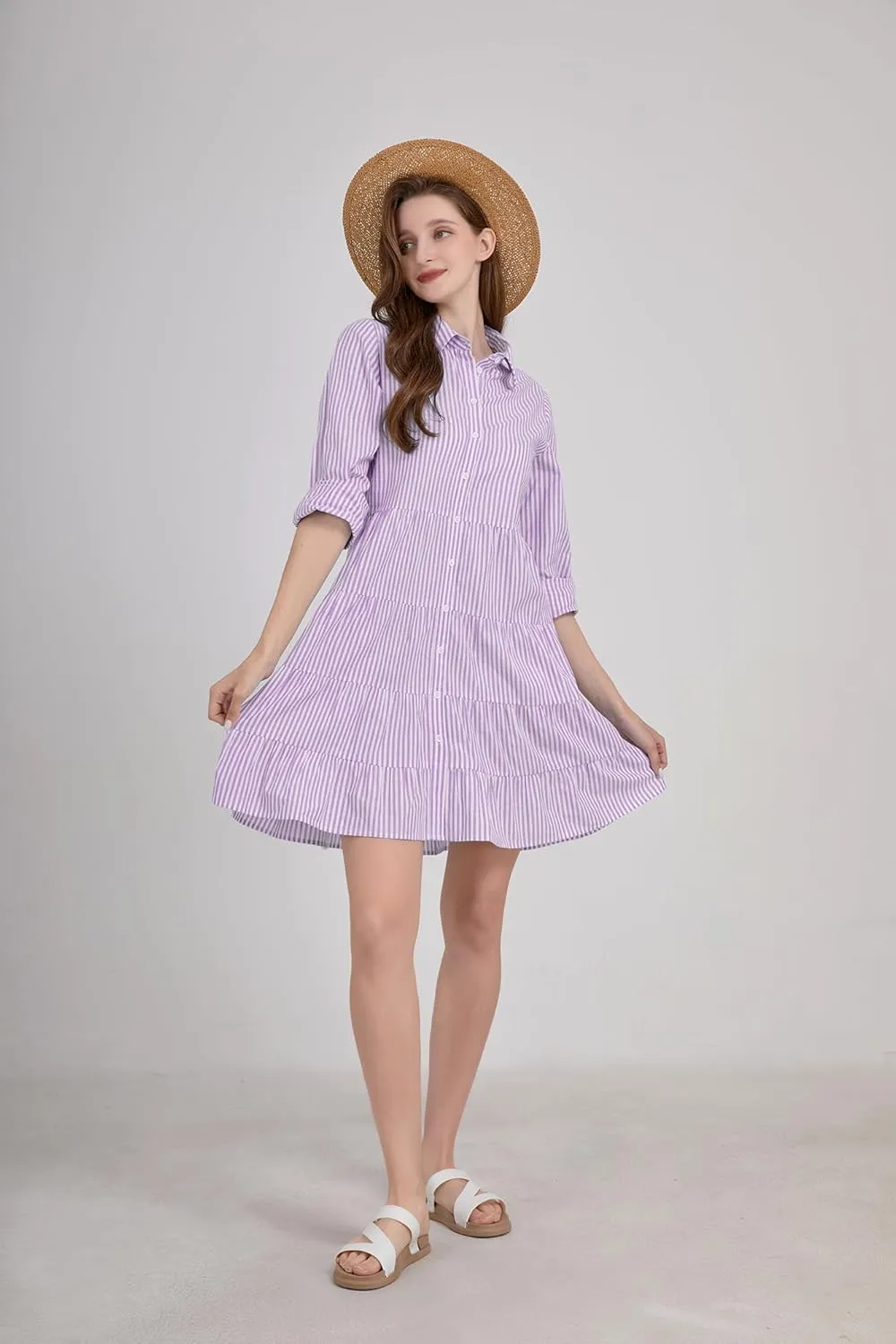 utcoco Womens Striped Button Down Midi Shirt Dress Casual Loose Cuffed Long Sleeve Mid Long Dresses
