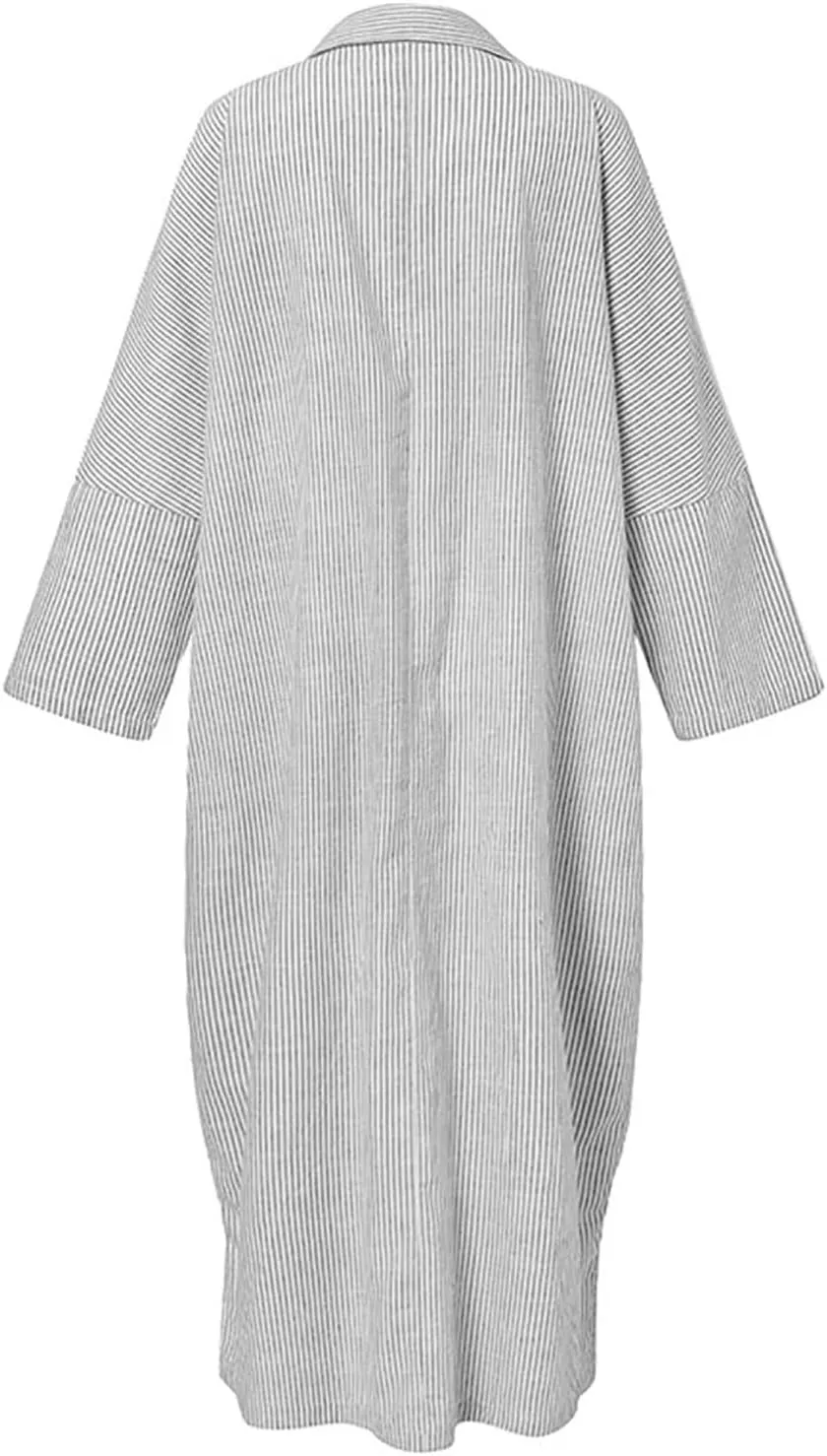 utcoco Womens Striped Long Sleeve Dress Casual Loose Button Down Cotton Maxi Shirt Dress
