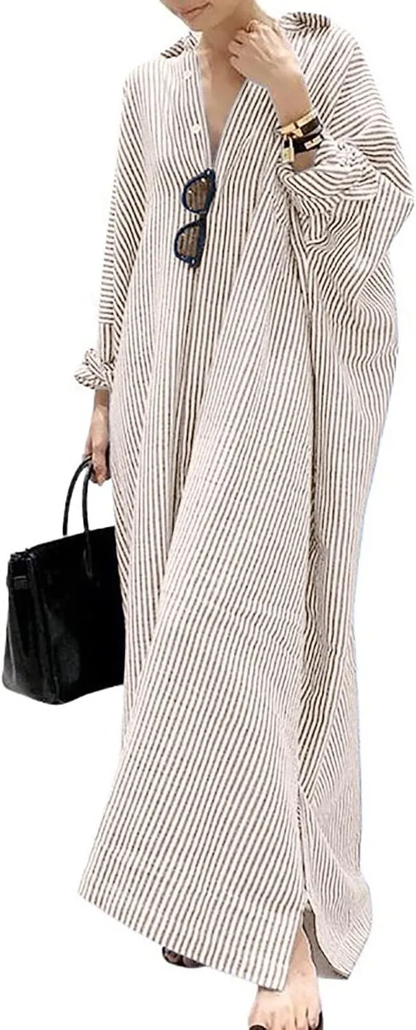 utcoco Womens Striped Long Sleeve Dress Casual Loose Button Down Cotton Maxi Shirt Dress