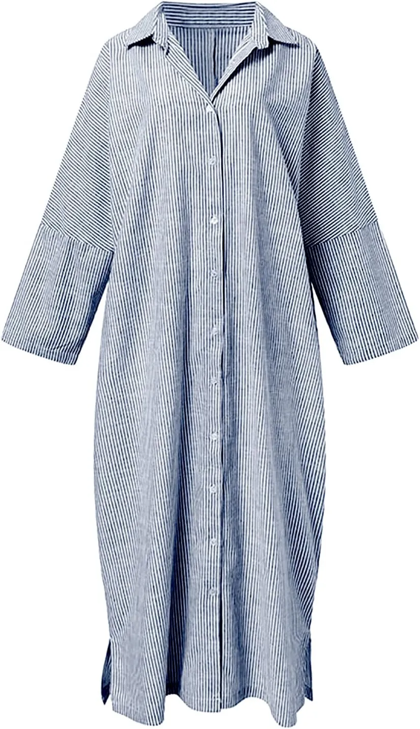 utcoco Womens Striped Long Sleeve Dress Casual Loose Button Down Cotton Maxi Shirt Dress