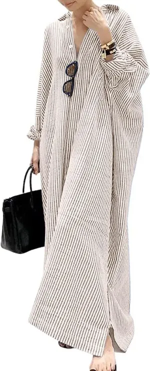 utcoco Womens Striped Long Sleeve Dress Casual Loose Button Down Cotton Maxi Shirt Dress