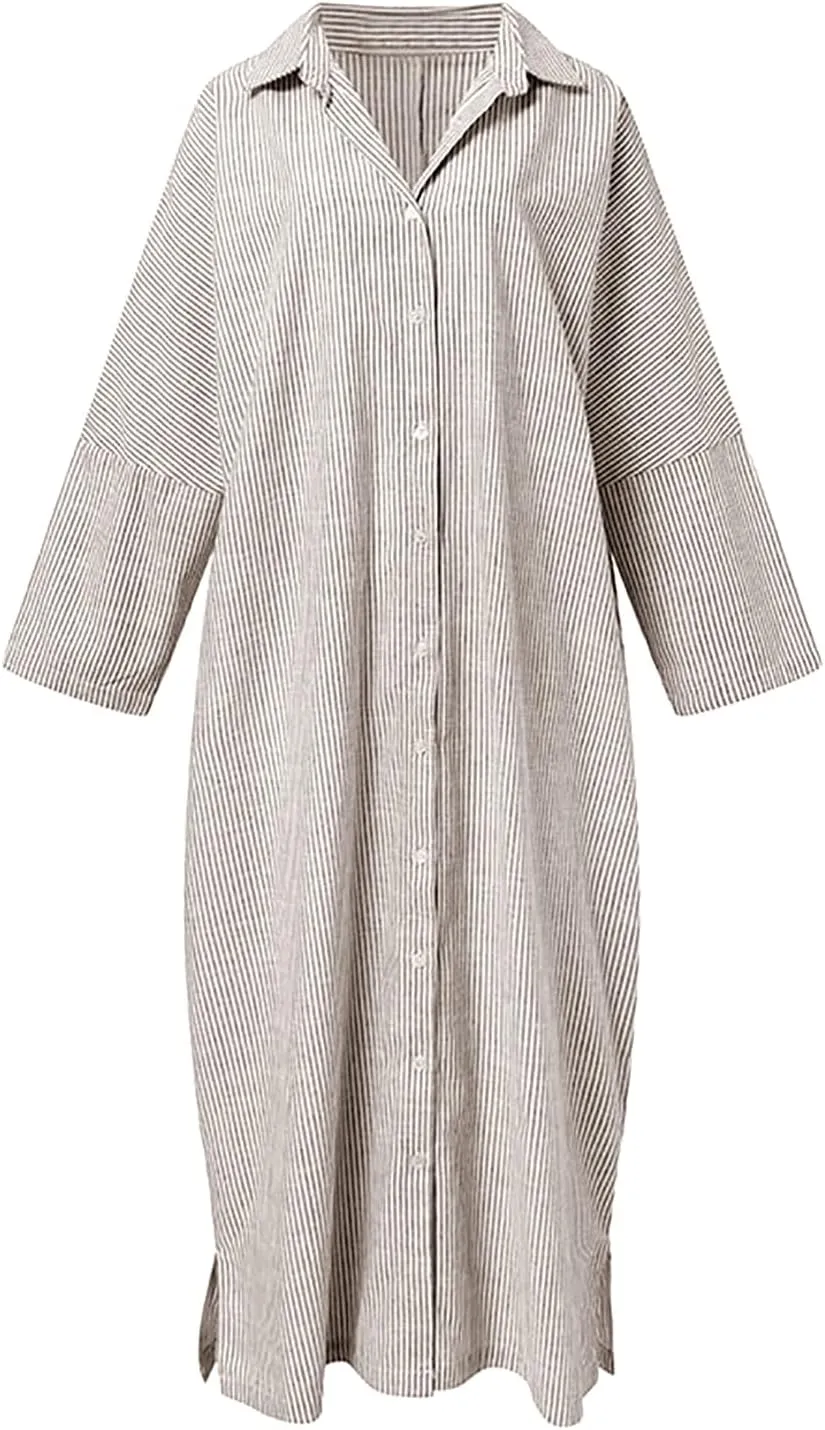 utcoco Womens Striped Long Sleeve Dress Casual Loose Button Down Cotton Maxi Shirt Dress