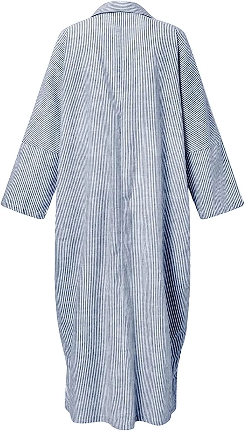 utcoco Womens Striped Long Sleeve Dress Casual Loose Button Down Cotton Maxi Shirt Dress