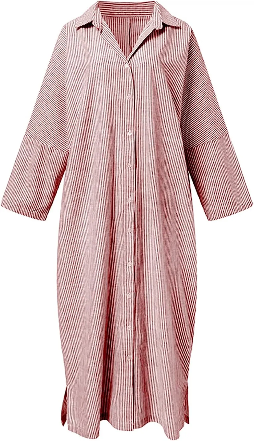 utcoco Womens Striped Long Sleeve Dress Casual Loose Button Down Cotton Maxi Shirt Dress