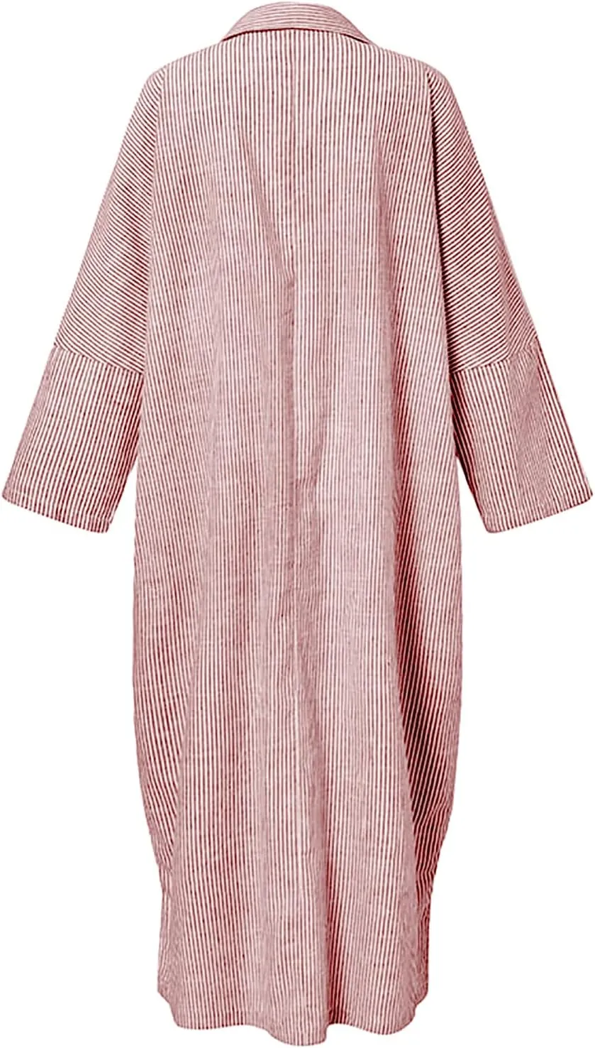 utcoco Womens Striped Long Sleeve Dress Casual Loose Button Down Cotton Maxi Shirt Dress