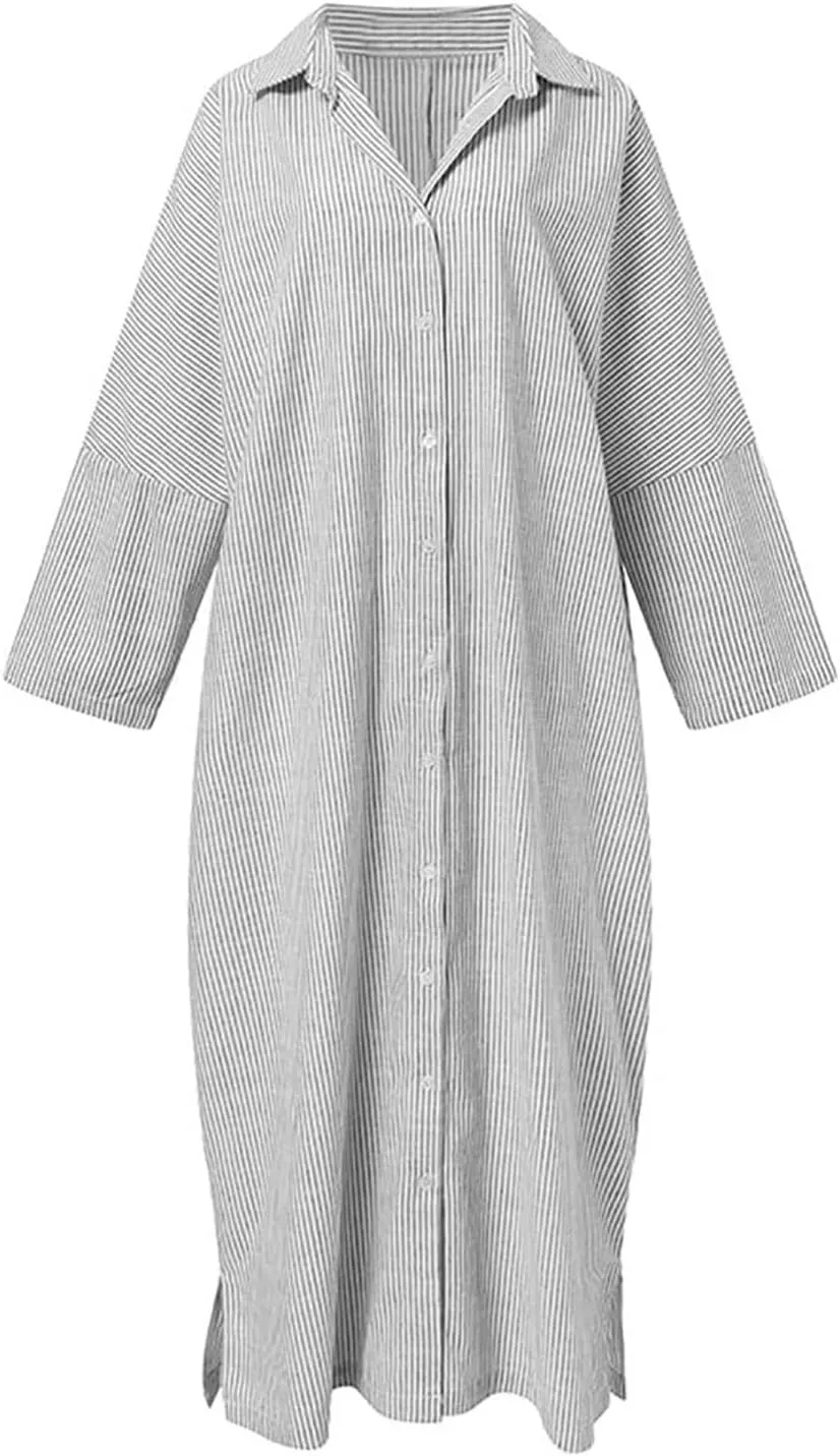 utcoco Womens Striped Long Sleeve Dress Casual Loose Button Down Cotton Maxi Shirt Dress