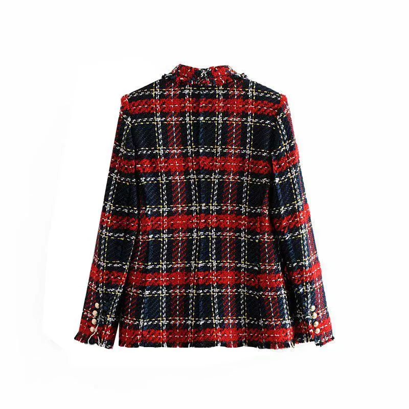 Vintage Double Breasted Blazers Coat Women Fashion Pockets Plaid Ladies Outerwear