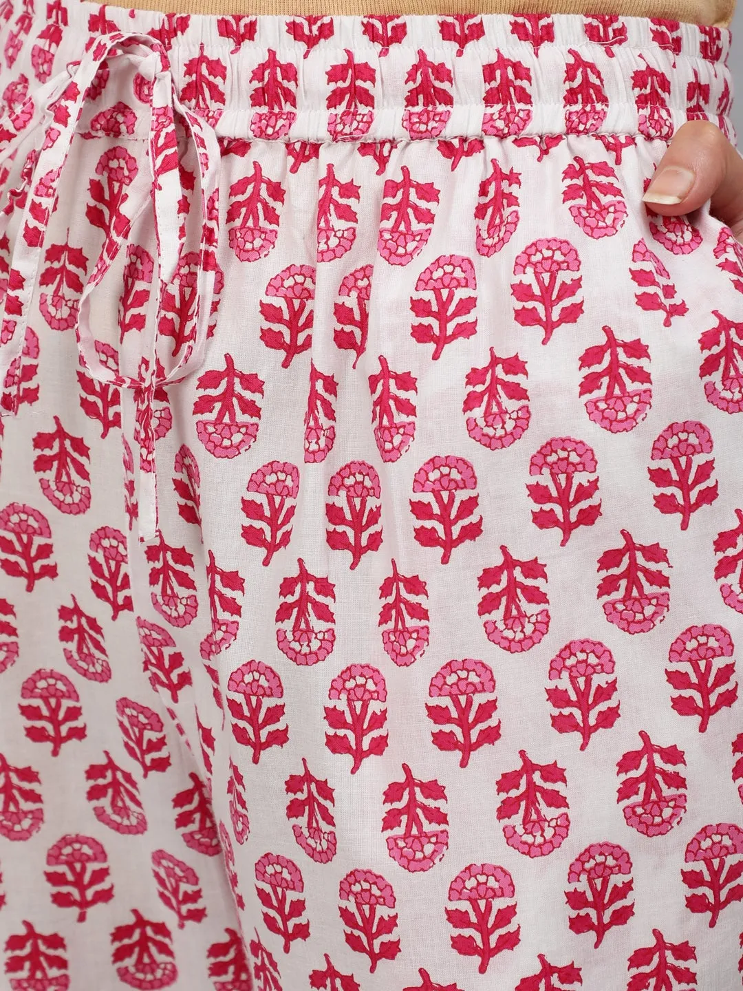White Ethnic Print Cotton Loungewear Set with Side Pockets
