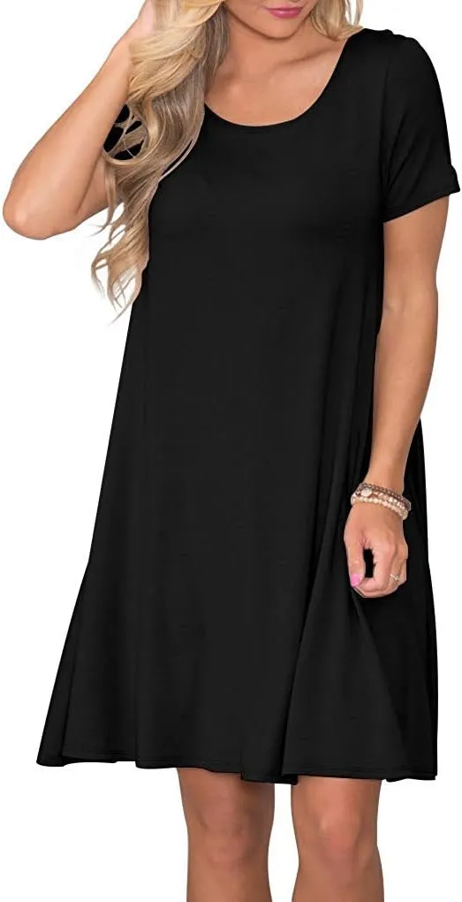 WNEEDU Women's Summer Casual T Shirt Dresses Short Sleeve Swing Dress with Pockets