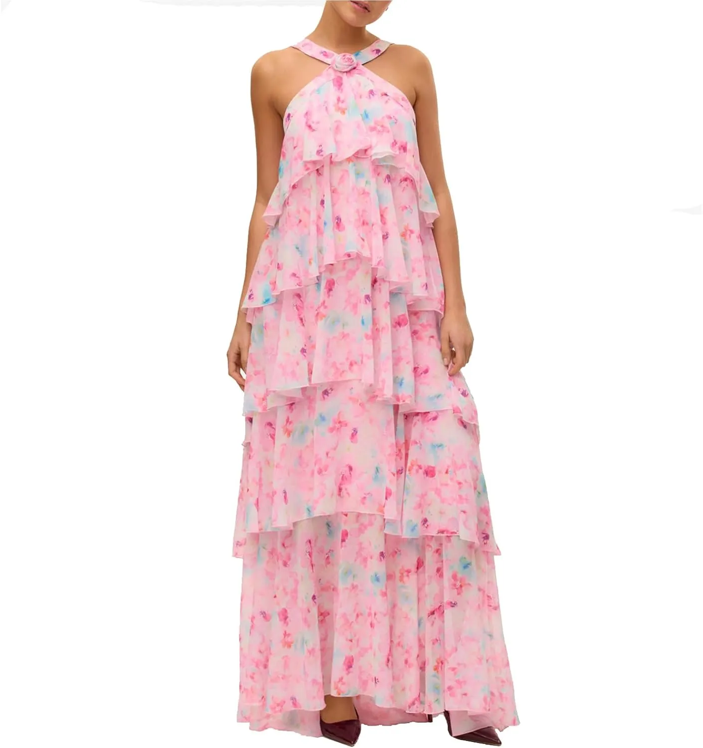 Women Backless Summer Dresses Ruffle Tiered Layed Chiffon Dresses Flowy Swing Floral Maxi Dress Beach Sundress