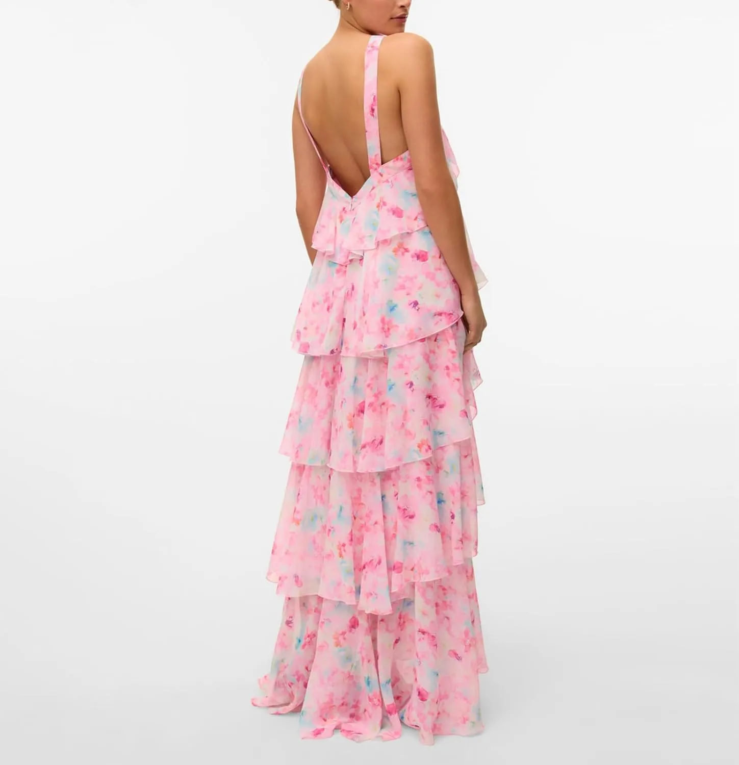 Women Backless Summer Dresses Ruffle Tiered Layed Chiffon Dresses Flowy Swing Floral Maxi Dress Beach Sundress
