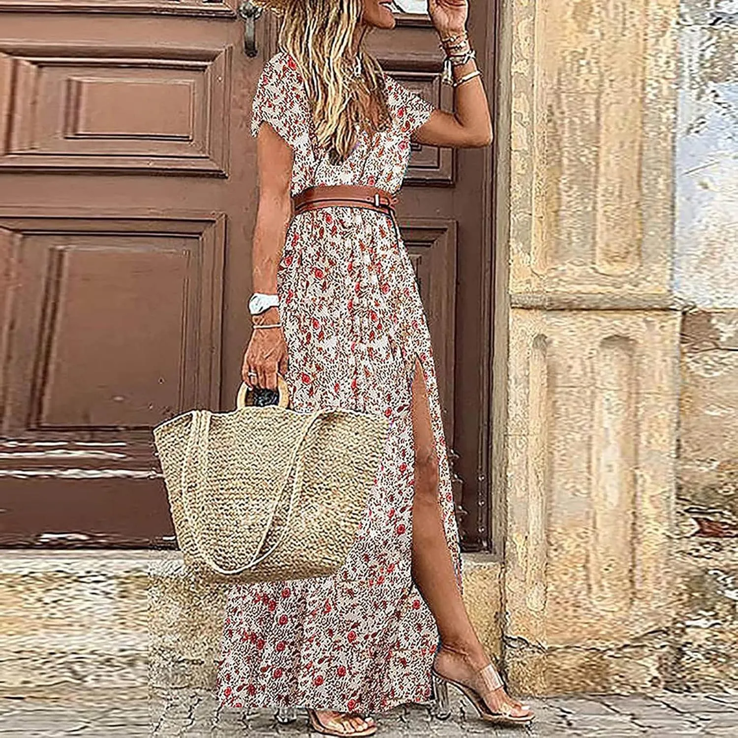 Women Boho Causal Summer Dress Short Sleeve High Waist Maxi Long Dresses 2024 Trendy Dress Beach Vacation Clothing