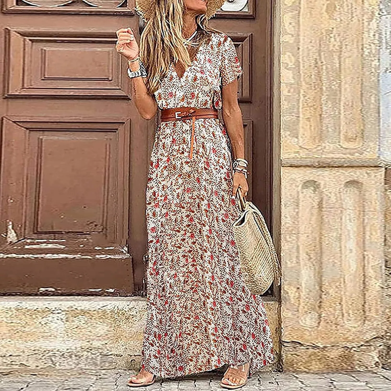 Women Boho Causal Summer Dress Short Sleeve High Waist Maxi Long Dresses 2024 Trendy Dress Beach Vacation Clothing