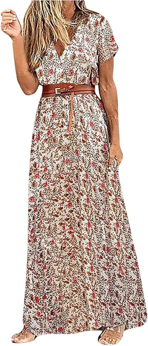 Women Boho Causal Summer Dress Short Sleeve High Waist Maxi Long Dresses 2024 Trendy Dress Beach Vacation Clothing